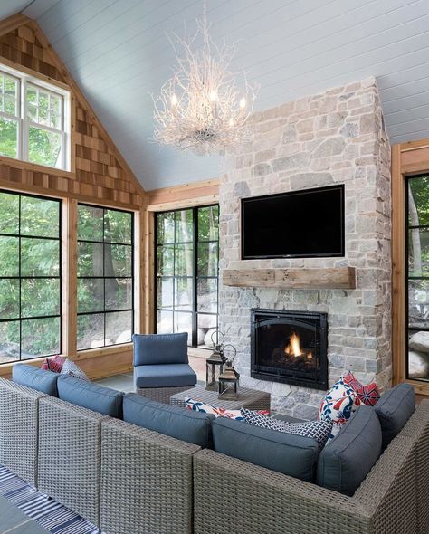 Take a tour of this beautiful lakeside house| #livingroom #lakehouse #lake #house #home #homedecor #interior #interiordesign Lake House Interior Design, Lake House Interior, Home Fireplace, Porch Design, Coastal Farmhouse, Farmhouse Homes, Fireplace Design, Luxury Interior Design, Great Rooms