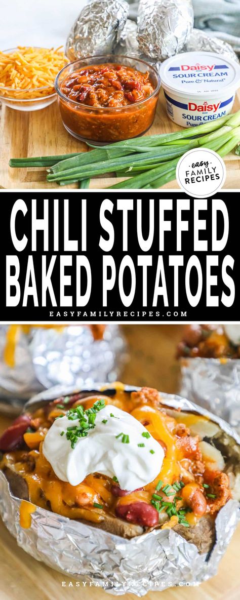 These super simple and delicious stuffed baked potatoes are the perfect quick dinner! My entire family is happy to eat them with my homemade chili or Wendy’s chili whenever I make it, especially when it's loaded with their favorite toppings. Leftover chili and premade baked potatoes make this a dinner that tasty and easy to make on busy nights. In 15 minutes you’ll have diner on the table or it can be a tasty and inexpensive meal to feed a crowd. Chili Over Baked Potato, Loaded Baked Potato With Chili, Baked Potatoes And Chili, Chilli Cheese Baked Potato, Baked Potato And Chili, Baked Potato Chili Recipe, Chili Over Potatoes, Chili Loaded Baked Potato, Chili Stuffed Baked Potatoes