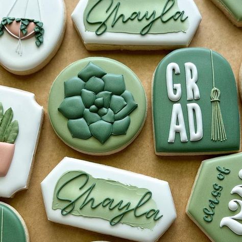 Emily Perkins on Instagram: "Graduation cookies but add greenery 🪴 . . . #graduationcookies #greenerycookies #plantcookies #batonrouge #batonrougecookies #cookiesofinstagram" Grad Party Ideas Sage Green, Succulents Graduation Party, Graduation Party Ideas Green And White, Green Theme Graduation Party, Nature Themed Graduation Party, Sage Green Graduation Party Decorations, Plant Themed Graduation Party, Grad Party Treats, Earthy Graduation Party