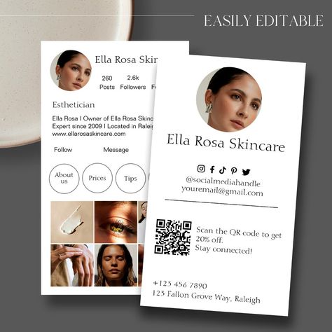 This Instagram business card template is perfect for your small business! This modern, elegant IG business card is easy to edit, and customize for your needs. Cards can be used for small businesses, beauty salons, estheticians, hair stylists, wellness businesses, lash businesses, makeup artists, influencers, and more! Lash Artist Business Cards, Makeup Artist Business Card, Lash Aesthetic, Esthetician Business Cards, Instagram Business Card, Beauty Salon Business Cards, Beauty Business Cards, Makeup Artist Business Cards, Salon Business Cards