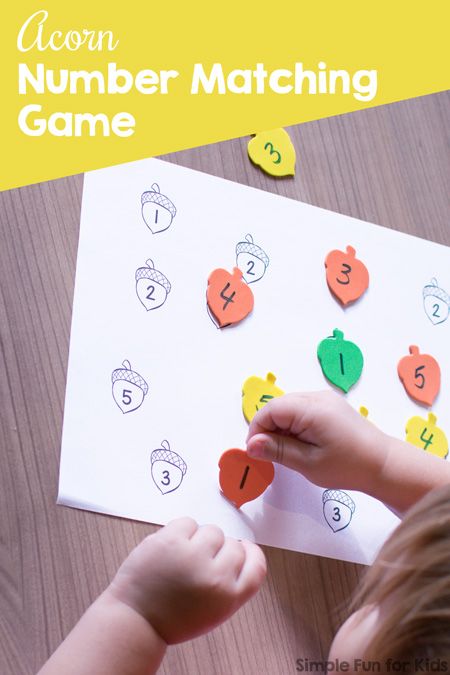 Practice number recognition and fine motor skills quickly and simply with this cute Acorn Number Matching Game! Includes versions for numbers 1-5, 6-10, and 1-10 for toddlers and preschoolers. Acorn Activities, Fall Science Activities, Matching Games For Toddlers, Math Activities For Toddlers, Fall Math Activities, Fall Activities For Toddlers, Kindergarten Math Games, Construction Activities, Fall Math