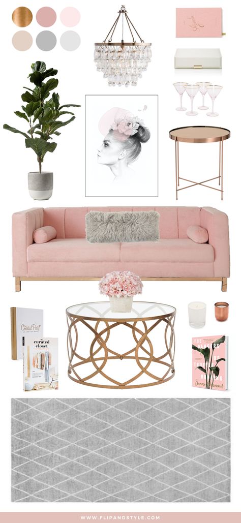 Blush, Copper and Grey Home Decor | Interior inspiration for a living room space | interior design + decor | www.flipandstyle.com Furnitur Ruang Keluarga, Pink Furniture, Decorating Advice, Grey Home Decor, Design Salon, Trendy Living Rooms, Beige Sofa, Space Interiors, Living Room Spaces