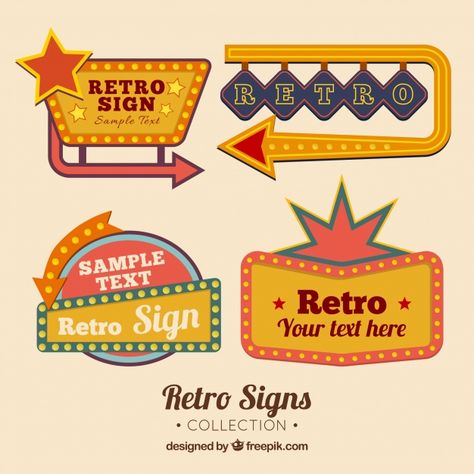 Four outdoor signs, retro style Free Vector Retro Theme Poster, Retro Style Restaurant, Retro Signs Vintage, Retro Signage, Retro Signs, Sign Board Design, Retro Vector, Retro Graphics, Retro Sign