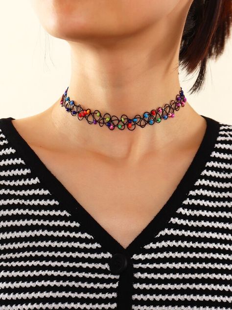 Bead Decor Choker | SHEIN USA Beaded Tattoo, 90s Choker, Tattoo Choker Necklace, Estilo Harajuku, Bead Decor, Tattoo Choker, Jewelry Tattoo, Neck Jewellery, Black Choker