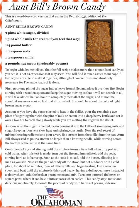 Aunt Bills Fudge, Aunt Bills Brown Candy Recipe Microwave, Aunt Bills Candy, Aunt Bills Brown Candy Recipe, Oklahoma Sooner Nut Candy, Aunt Bills Brown Candy, Homemade Candy Recipes, Brown Candy, Candy Truffles