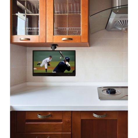 99+ Under Cabinet Flip Down Kitchen Tv - Kitchen Floor Vinyl Ideas Check more at http://www.planetgreenspot.com/20-under-cabinet-flip-down-kitchen-tv-kitchen-nook-lighting-ideas/ Small Kitchen Tv, Under Cabinet Tv, Kitchen Tv, Tv In Kitchen, Cabinet Tv, Kabinet Dapur, Tv Mount, Kitchen Design Trends, Smart Kitchen