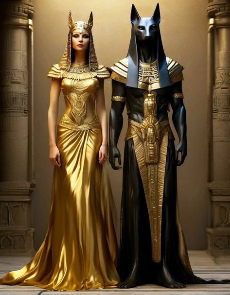 Mummy Inspired Fashion, Eygptain Costumes Diy, Egyptian Cosplay Woman, Egyptian Couple Costume, Egyptian God Costume, Bastet Costume, Anubis And Bastet, Anubis Costume, Egyptian Halloween Costume