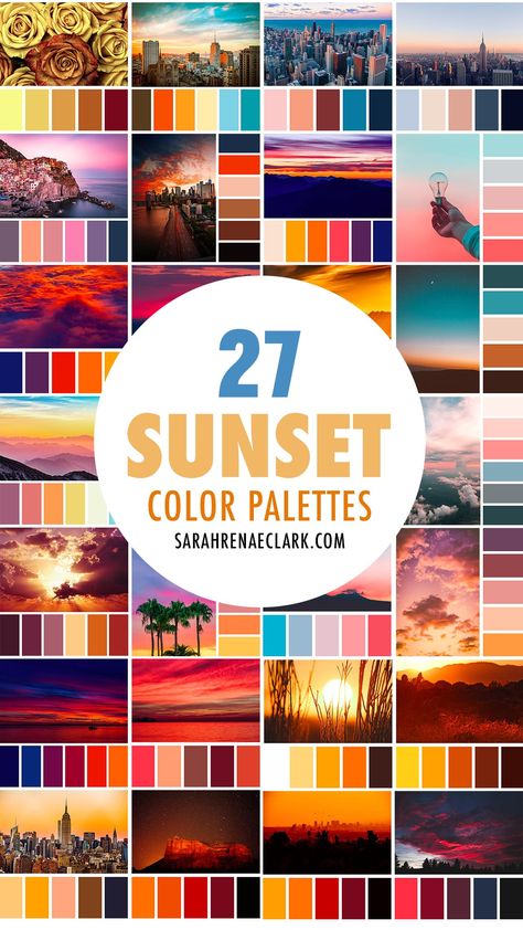 I created 27 Sunset inspired color palettes to inspire your next project. Fall Neutrals Color Palette, Fall Sunset Wedding Color Schemes, Fiesta Colors Palette, Purple Orange Turquoise Color Palettes, Yellow Orange Brown Color Palette, Sunset Color Theme Wedding, Peach And Teal Color Palette, Sunset Color Palette Bedrooms, Passion Fruit Color Palette