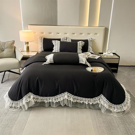 PRICES MAY VARY. ★ 3 Piece Duvet Cover：The black duvet cover including : 1 *Queen Duvet Cover: 90 X 90 inches +2 * Pillow Shams: 20 X 26 inches,NO Including Comforter! ★ Lace Ruffled Design: Lace Ruffled design on the edge of duvet cover and pillowcases ,charming appeal to your bedroom décor.This gorgeous lace princess duvet cover sets will fill your bedroom with romance and sweetness. ★ Polyester Material:Soft, 100% polyester microfiber construction,wrinkle-resistant fabric.Breathable, Comforta Shabby Chic Duvet, Lace Bedding Set, Goth Bedroom, Black Duvet, Girl Bedding, Lace Bedding, Black Duvet Cover, Princess Bedroom, Twin Duvet Cover