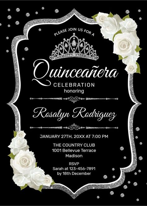 Silver black white Quinceanera celebration invitation. Features script font, white roses, tiara and confetti. Classy design with faux glitter silver. Printed Zazzle invitations or instant download digital template. Perfect for an elegant glam celebration. Black And White Quinceanera Theme, Black White Invitation, Quinceanera Stuff, Quince Invitations, White Invitation, Wood Invitation, Silver Invitation, Quinceanera Invitation, Rose Gold Invitations