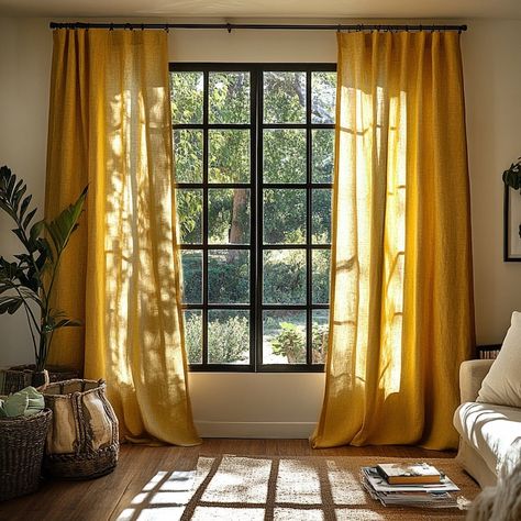 Mustard Yellow Linen Curtains / Custom Living Room Retro Burlap Curtain Panels / Boho Kitchen Drapes / Blackout Rustic Bedroom Curtains - Etsy UK Bedroom With Yellow Curtains, Mustard Yellow Curtains Bedroom, Yellow Wall Curtain Ideas, Curtain Covering Closet, Yellow Linen Curtains, Vintage Bedroom Curtain Ideas, Mustard Curtains Living Room, Two Layer Curtains, Cozy Bedroom Curtains