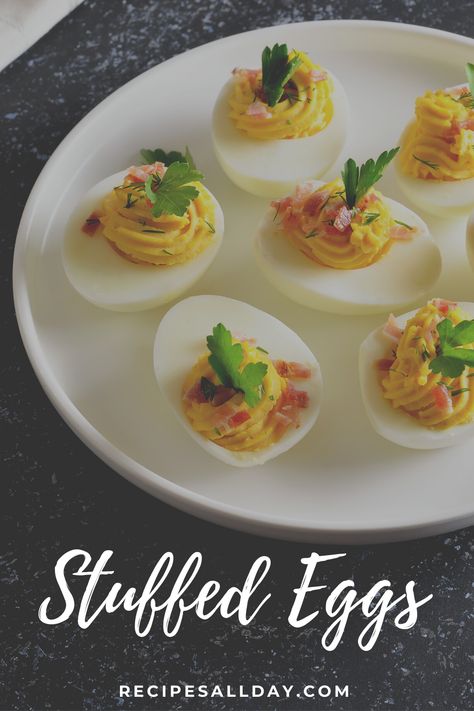 This stuffed egg recipe is always a winner as a party snack but, since it is high in protein, it may even be served as a light meal with a green salad. This recipe is really easy to follow and shows you exactly how to make stuffed eggs. #stuffedeggs #eggs #yummy Stuffed Eggs Recipe, Stuffed Foods, Stuffed Eggs, Egg Recipe, Easy Party Food, Party Snack, Appetizer Bites, Party Food And Drinks, Stuffing Recipes