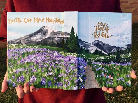 🏔 I feel like I say this a lot (if not on here then definitely in real life), but this really is my favorite Bible so far. and it also set… Bible Cover Art, Bible Painting Cover, Painted Bible Cover, Hand Painted Bible Cover, Hand Painted Bibles, Painting Bible, Bible Decor, Bible Painting, Painted Bible