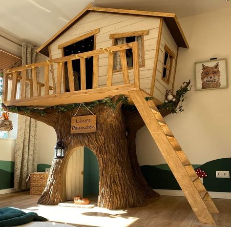 Tree House Bunk Beds For Kids, Tree House Beds For Kids, Kids Treehouse Bed, Tree House Loft Bed, Treehouse Bedroom Ideas, Forest Themed Playroom, Treehouse Playroom, Tree House Bunk Bed, Indoor Treehouse