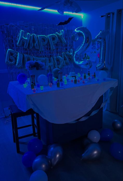 21st birthday, birthday decorations, surpise party decorations, turning 21, neon party, college party decorations, college house House Party Decorations College, 21st Pregame Decorations, College Birthday Party Themes, 21st House Party Ideas, 21st Bday Decorations Blue, 21st Birthday Ideas Blue And Silver, Blue 21st Birthday Ideas, 21st Birthday Ideas Blue, College Birthday Party Ideas