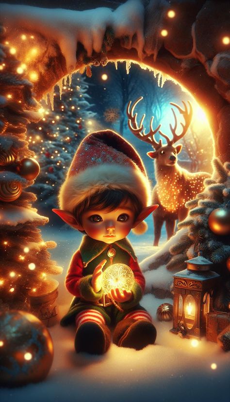 A young elf in a festive outfit holds a glowing ornament, surrounded by snow, a deer, and decorated trees, evoking a magical winter scene. Fantasy Christmas Art, Fantasy Christmas, Decorated Trees, Christmas Elves, Magical Winter, A Deer, Winter Scene, Winter Wonder, Christmas Love