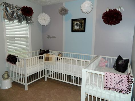 Short on space triplet nursery! Triplet Nursery, Triplets Bedroom, Triplets Nursery, Baby Cribs For Twins, Triplet Baby Shower, Nursery Layout, Triplet Babies, Baby Nursery Themes, Beautiful Nursery