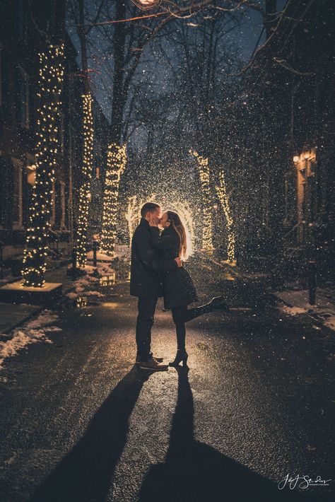 Addison Street Engagement Photos. Addison Street Philadelphia engagement session. Photo by John Ryan, J Holiday Engagement Photos, Magical Proposal, Christmas Engagement Photos, Philadelphia Engagement Photos, Winter Engagement Pictures, Air Photography, Outdoor Engagement Photos, Falling Snow, Engagement Inspo