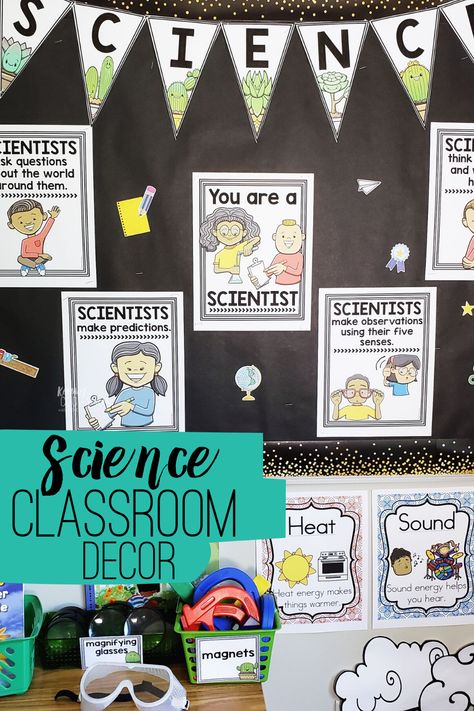 Science classroom decor is fun for students and teachers. Elementary classrooms look great with these free scientist posters. Also learn a few teacher tips for creating a science corner. Science classroom decorations are a great way to celebrate science. Kindergarten, first grade and second grade kids love these fun science posters. Science Week Decoration, 1st Grade Science Bulletin Board, Kindergarten Science Classroom Decor, Stem Corner In Classroom, Science Signs For Classroom, Science Classroom Decorations Preschool, Elementary Science Lab Classroom, 3rd Grade Science Classroom Decor, Elementary Science Teacher Classroom