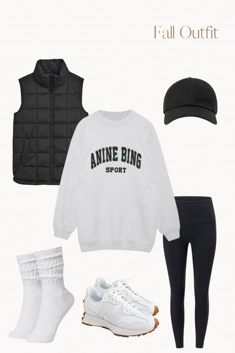 Oversize grey sweatshirt, black puffer vest, black baseball cap, black leggings, white oversized socks, white sneakers Chunky Sweatshirt Outfit, Sweatshirt And Sneakers Outfit, White Crew Socks And Sneakers Outfit, Slouchy Socks With Sneakers, Legging Sweatshirt Outfit, Leggings And Slouch Socks Outfit, Leggings Crew Socks Outfit, Leggings Socks Sneakers, Scrunchie Socks Outfit