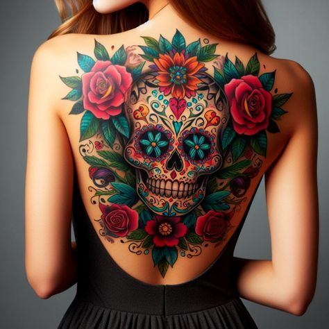 Find classic skull tattoo ideas that blend traditional elements with modern artistry for a timeless look. #ai #tattoo #tattoo_for_woman #tattoo_ideas #tattoo_for_man Sugar Skull Tattoos For Women, Pretty Skull Tattoos, Day Of Dead Tattoo, Girly Skull Tattoos, Skull Thigh Tattoos, Mexican Skull Tattoos, Small Music Tattoos, Candy Skull Tattoo, Backpiece Tattoo