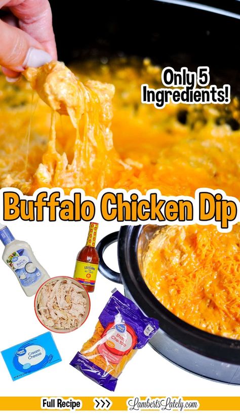 Buffalo Chicken Dip in a Crock Pot is so easy to make for gameday - only 5 ingredients! This rich, creamy, slightly spicy appetizer is delicious when served warm with tortilla chips. Crock Pot Buffalo Chicken Dip, Crock Pot Buffalo Chicken, Buffalo Chicken Dip Ingredients, Easy Buffalo Chicken Dip, Chicken Wings Crockpot, Chicken Wing Dip, Buffalo Chicken Dip Crock Pot, Instant Pot Freezer Meals, Buffalo Chicken Bites