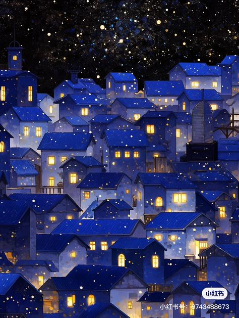 Christmas Night Drawing, Night Building Painting, Christmas Night Illustration, Winter Night Illustration, Whimsical Art Paintings, Night Illustration, Night Sky Painting, Perspective Drawing Lessons, Building Painting