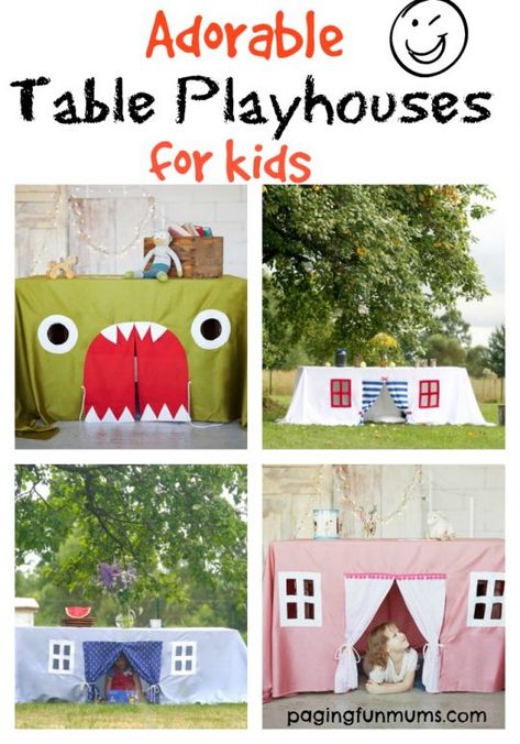 http://pagingfunmums.com/2016/10/17/adorable-table-playhouses-for-kids/ Table Playhouse Diy, Table Tents For Kids, Tent House For Kids, Playhouses For Kids, Cubby House Ideas, Diy Fort, Diy Kids Table, Indoor Jungle Gym, Outside Table