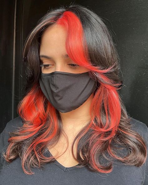 Red Color Block Hair, Hair Dye Placement, Colour Block Hair, Dye Placement, Color Block Hair, Coral Hair, Hair Styels, Hair Creations, Hair 2024