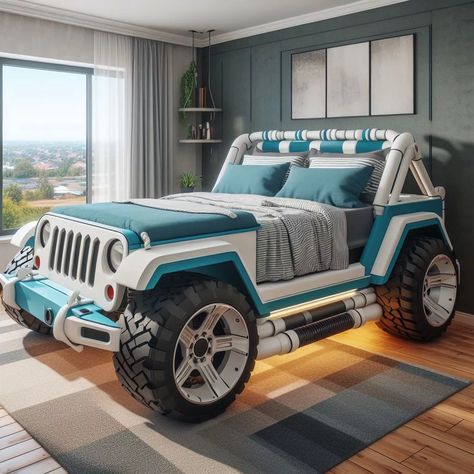 Brand New Jeep-Shaped Beds: Adventure Begins at Bedtime Jeep Bed, Weird Beds, Cool Beds For Kids, Safari Bedroom, Magical Bedroom, Amazing Bedroom Designs, Unique Sofas, Bed Design Modern, Unique Furniture Pieces