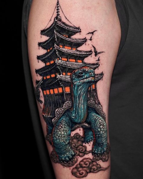 Wonderful color oriental turtle tattoo by famous Korean tattoo artist Varo from Seoul and Busan Korean Tattoo, Doctor Tattoo, Korean Tattoo Artist, Turtle Tattoo Designs, Lighthouse Tattoo, Korean Tattoos, Incredible Tattoos, Turtle Tattoo, Space Tattoo