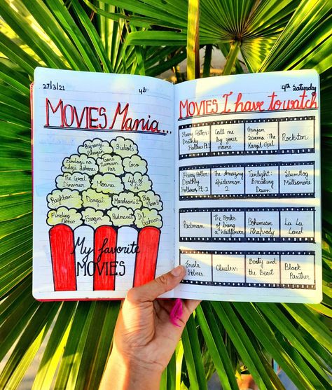 How to create a Movies Mania page in ur journal. Just write your favorite movies and movies you have to watch. How To Make A Dairy Book, Journal Page Decoration Ideas, Movies To Watch Journal Page, Favorite Movies Journal, Diary Drawing Ideas, Slam Book Ideas, Notebook Profile, December Journal, Slam Book