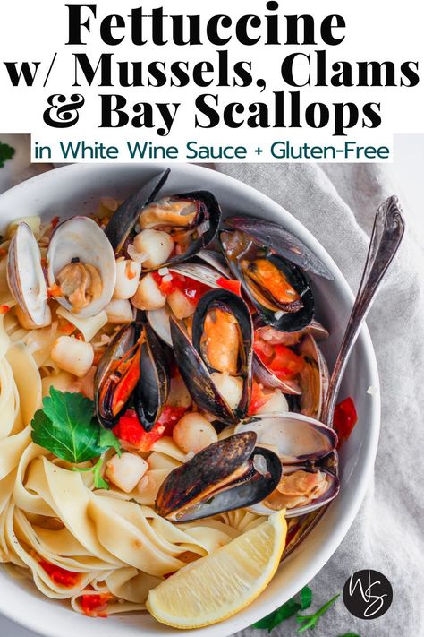 Fettuccine with Mussels, Clams and Bay Scallops in White Wine Sauce – an light, savory seafood pasta that is perfect for any special occasion (dairy-free)! Pasta dinner ready in less than an hour + gluten-free! #MusselPasta #SeafoodPasta #TheWoodenSkillet Seafood Pasta In White Wine Sauce, White Wine Pasta Sauce Seafood, Seafood Pasta With White Wine Sauce, Scallops In White Wine Sauce, Seafood Pasta White Wine, Seafood Fettuccine, Mussels In White Wine Sauce, White Wine Pasta Sauce, Mussels Pasta