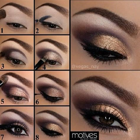 This step-by-step, once-and-for-all guide to applying eyeshadow makes your precise eye shape look even prettier Read more: Applying Eyeshadow - Eye Makeup Tips and Tricks - Redbook www.escherpe.etsy.com How To Use, Step By Step, Makeup, Gold, Black, Make Up