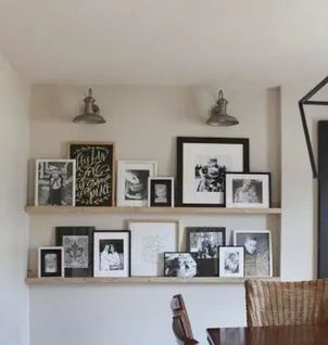 Picture and Shelf Arrangements on Walls-Ideas & Examples Farmhouse Picture Ledge, Home Interior Drawing, Picture Shelf Wall, Wood Picture Ledge, Picture Ledge Shelf, Gallery Shelves, Interior Drawing, Shelf Arrangement, Picture Shelf