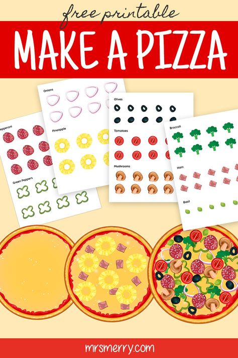 Make A Pizza Craft, Build A Burger Free Printable, Pizza Craft For Preschool, Preschool Pizza Theme, Pizza Craft Preschool, Pizza Crafts For Preschool, Printable Pizza Toppings, Food Activities For Kids, Birthday Crafts For Kids