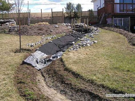 Dry Creek With Bridge, Dry Streambed Landscaping, How To Build A Dry Creek Bed, Dry Stream Bed Drainage, Man Made Stream, Backyard Stream Landscaping, Backyard Stream Diy, Dry Stream Bed Landscaping, Meandering Garden