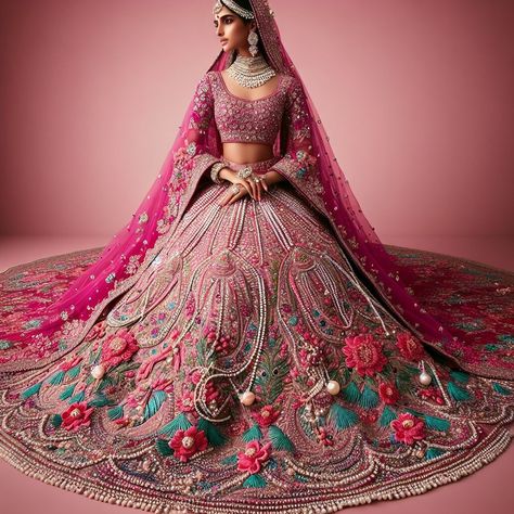 Bridal Lahenga Design Unique, Unique Engagement Dress For Bride Indian, Unique Indian Bridal Lehenga, Rani Pink Bridal Lehenga, Unique Bridal Lehenga Designs, Unique Bridal Lehenga, Engagement Dress For Bride Indian, India Outfits, Indian Bridal Wear Red