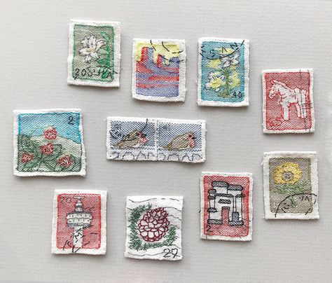 Postage Stamp Embroidery, Embroidery Practice, Stamp Embroidery, Jean Embroidery, Postage Stamps Crafts, Bugs Embroidery, Crochet Stitches Guide, Mail Stamp, Letter Stamps