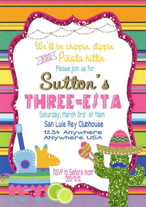 Three Esta Birthday Party, Taco Birthday Party, Fiesta Invite, Three Esta, 3rd Birthday Party For Girls, Taco Birthday, Third Birthday Girl, Fiesta Birthday Invitations, Girls 3rd Birthday