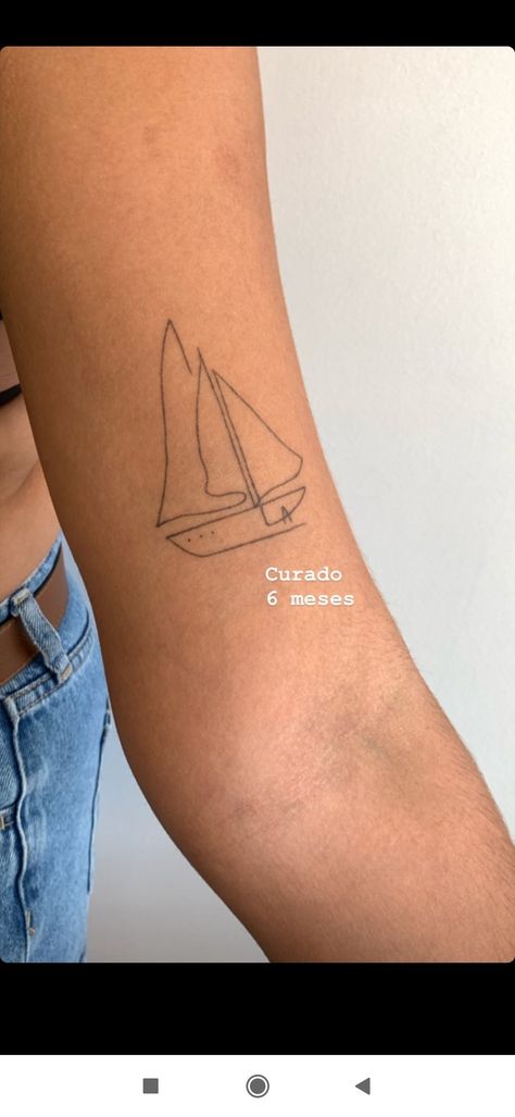 Maine Themed Tattoo, Dainty Nautical Tattoo, Sail Boat Tattoo Minimal, Costal Tattoo Ideas, Boating Tattoo Ideas, Simple Surfboard Tattoo, Sailboat Tattoo For Women, Dainty Sailboat Tattoo, Lake Outline Tattoo