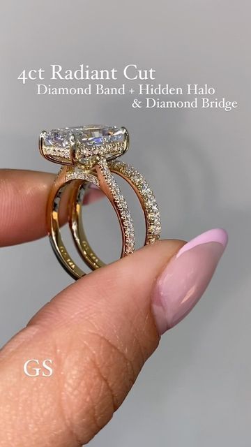 Golden String Inc on Instagram: "The Works + a Thicker Pave Diamond Band✨ •4ct Radiant Cut on our Diamond Band + Hidden Halo with a Diamond Bridge💎 - Paired with a Thicker Pave Diamond Wedding Band The rings on our feed are custom therefore aren’t listed on our website! The best way to order is through DM, Email, or Phone. Available in both Natural and Lab Diamond -Please Message All Price Inquiries✨ #radiantengagementring #radiantsolitairering #hiddenhaloengagementring #radianthiddenhalo #radiantdiamond #radiantengagementring #3caratdiamond #3carat #radiantcutdiamond #radiantcut #losangeles #engagementring #radiantsolitaire #yellowgoldradiant #labdiamondengagementring #labdiamond #radiantlabgrown #labdiamondengagementring #radiantlab #radiantlabgrowndiamond #radiantlabdiamond #hidd Pave Diamond Wedding Bands, 3 Carat Diamond, Radiant Engagement Rings, Pave Diamond Band, Lab Diamond Engagement Ring, Radiant Cut Diamond, Radiant Diamond, Hidden Halo, Radiant Cut