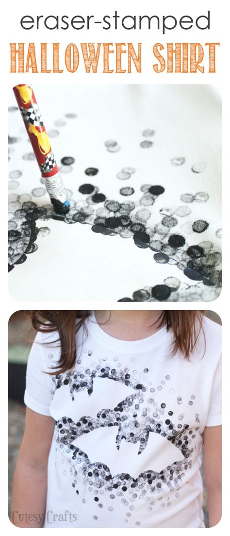 Eraser-Stamped Halloween Shirt - Made with Freezer Paper and a pencil eraser! Eraser Stamp, Mason Jar Crafts Diy, Freezer Paper, Pencil Eraser, Theme Halloween, Diy Couture, A Pencil, Fete Halloween, Craft Time