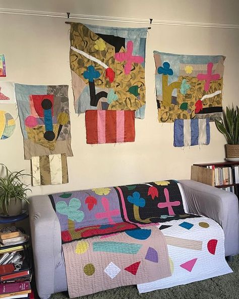 Tessa Layzelle on Instagram: "🏰🗡️FUTURISTIC MEDIEVAL🌸⚜️ New paintings and practical paintings inspired by Medieval motifs with a zap of optimistic colour… in my shop now! 👀 👀 👀 #futuristicmedieval #practicalpaintings #shipshapequilts #sustainabledesign #textiles #wallhanging #interiors #livingroom" Tessa Layzelle, Medieval Motifs, Futuristic Medieval, Sustainable Design, Textile Art, I Shop, Quilting, Wall Hanging, Textiles