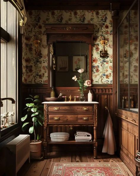 Romantic Vintage Bathroom, Heritage Style Bathroom, Vintage European Bathroom, Small Antique Bathroom Ideas, Dark Cottage Core Bathroom, Victorian Restroom, Light Academia Bathroom, Black Vintage Bathroom, Cottagecore Bathroom Ideas