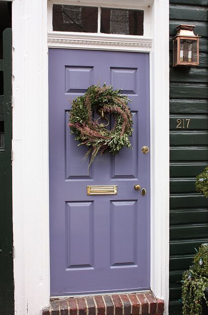 Lavender door....loving this! I want a pop of color for the inside of my front door Interior Front Door Colors, Purple Front Door, Lavender Door, Purple Front Doors, Lavender Cottage, Front Door Paint Colors, Purple Door, Door Paint Colors, Painted Front Doors