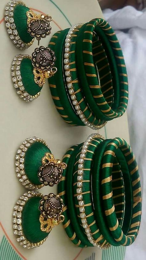 Silk thread bangles... To order plz WhatsApp on +91 9703713779 Tread Bangles, Silk Thread Earrings Designs, Green Bangles, Fabric Bangles, Silk Thread Necklace, Silk Thread Bangles Design, Hand Embroidered Jewelry, Silk Bangles, Silk Thread Earrings