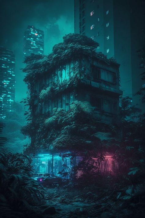 Overgrown Cyberpunk City, Cyberpunk Forest, Cyberpunk Nature, Blender Architecture, Jungle City, Cyberpunk Room, Snowboard Art, Android Wallpaper Black, Iphone Wallpaper Video