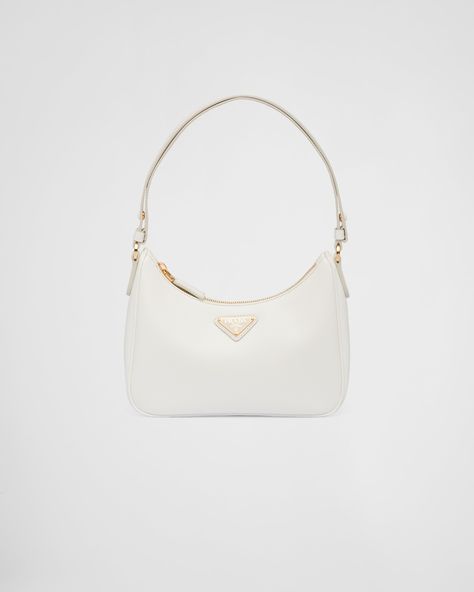 White Prada Re-edition Saffiano Leather Mini Bag | PRADA Purses Prada, White Prada Shoulder Bag, Shoulder Bag Prada, White Luxury Purse, White Prada Bag Outfit, White Mini Purse, Cute Prada Bags, Small Prada Bag, Purse White