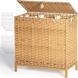 KUREEISE Laundry Hamper with 3 Removable Liner Bags, 132L Handwoven Rattan Laundry Basket with Metal Heightened Feet, Clothes Hamper with 6 Mesh Bags, Laundry sortor with 3 Sections（Natural） Bathroom Hampers, Rattan Laundry Basket, Tall Laundry Basket, Laundry Hamper With Wheels, Large Laundry Hamper, Rolling Laundry Basket, Hamper With Lid, Laundry Hamper With Lid, Large Laundry Basket